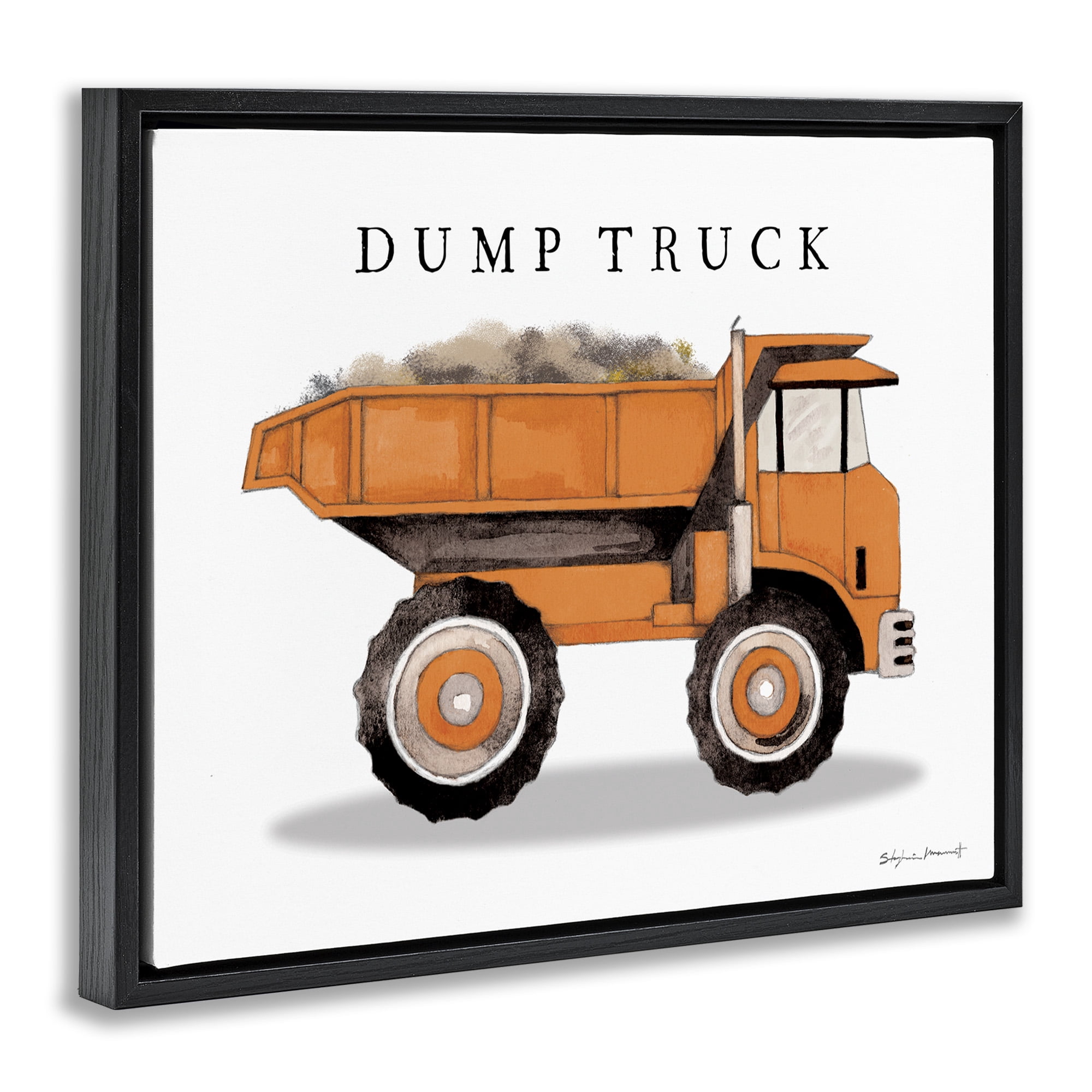 Stupell Industries Orange Dump Truck Construction Art for Kids Painting Black Floater Framed Canvas Art Print Wall Art, 21 x 17