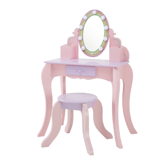 Fantasy Fields Little Princess Rapunzel Kids Wooden Vanity Set with LED Mirror, Drawer & Stool, Pink