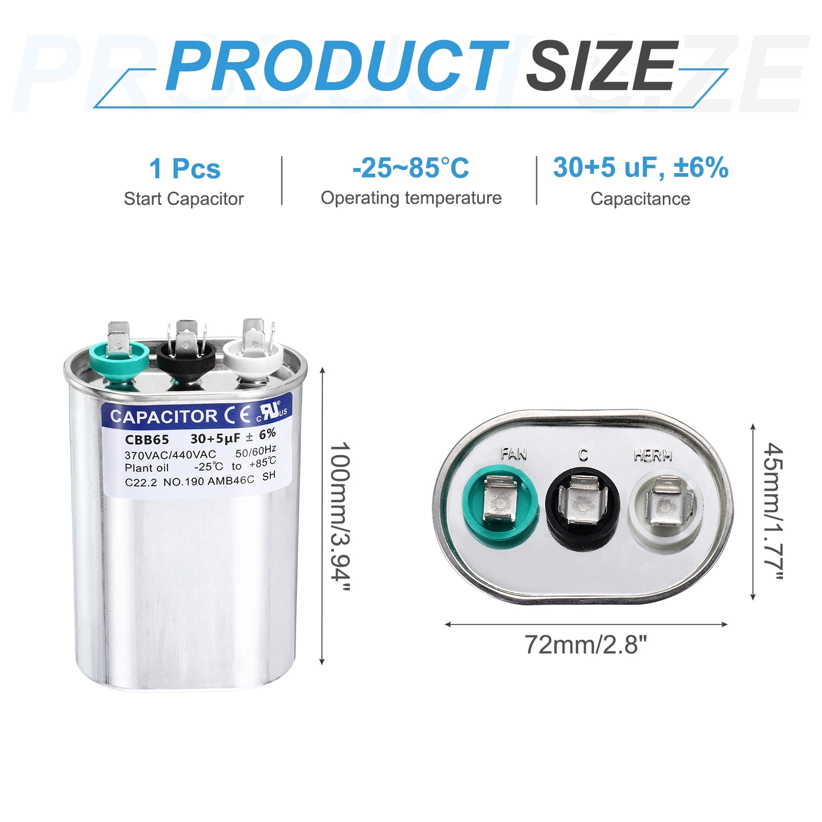 Uxcell 30+5 MFD CBB65 Run Start Capacitor 30+5 uF, 370/440V Oval AC Capacitor for AC Motor Run, HVAC, Air Conditioner, Condenser Motors