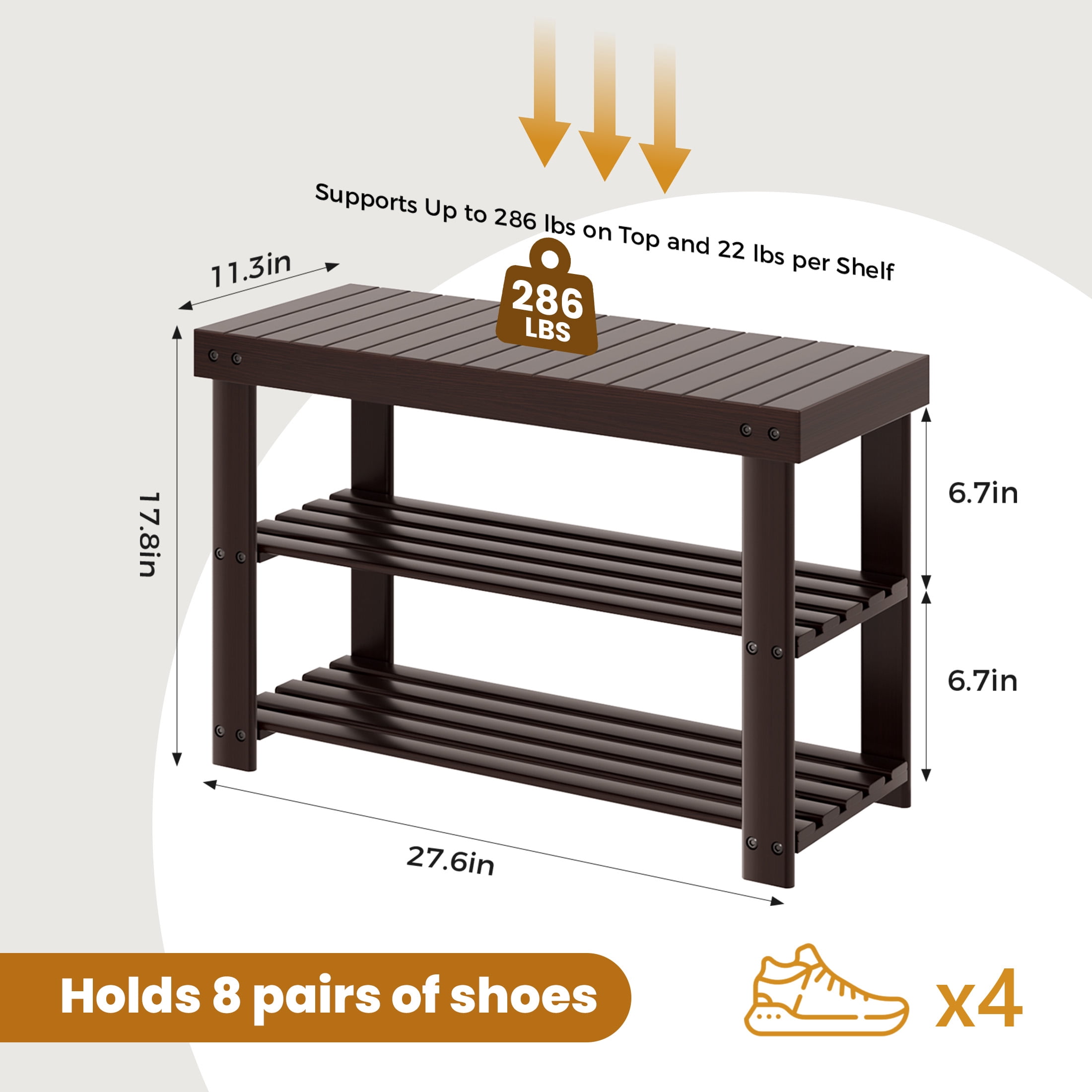 CONCETTA 27-In Bamboo Shoe Rack & Bench, 3-Tier 280 lb Capacity Storage Organizer for Entryway, Living Room, Balcony, Brown