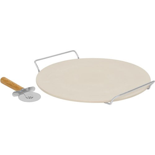 Mind Reader Round Cooking 3-piece Complete Kit Peel and Wheel Brown Pizza Stone Set 