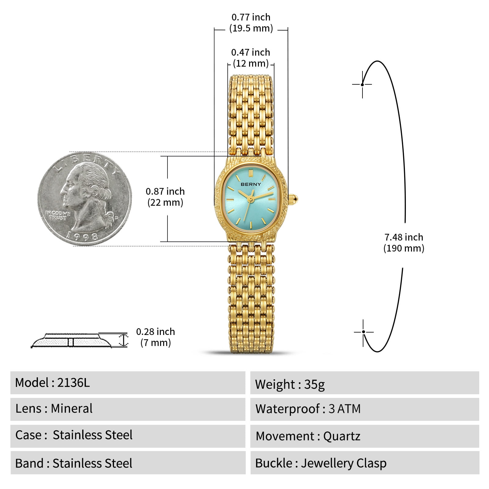 BERNY Small Gold Watches for Women, Dainty Vintage Oval Dial Stainless Steel Bracelet Watch, Adjustment Tool Included, Waterproof, Minimalist Luxury Ladies Analog Quartz Wrist Watch (Glacier Blue)