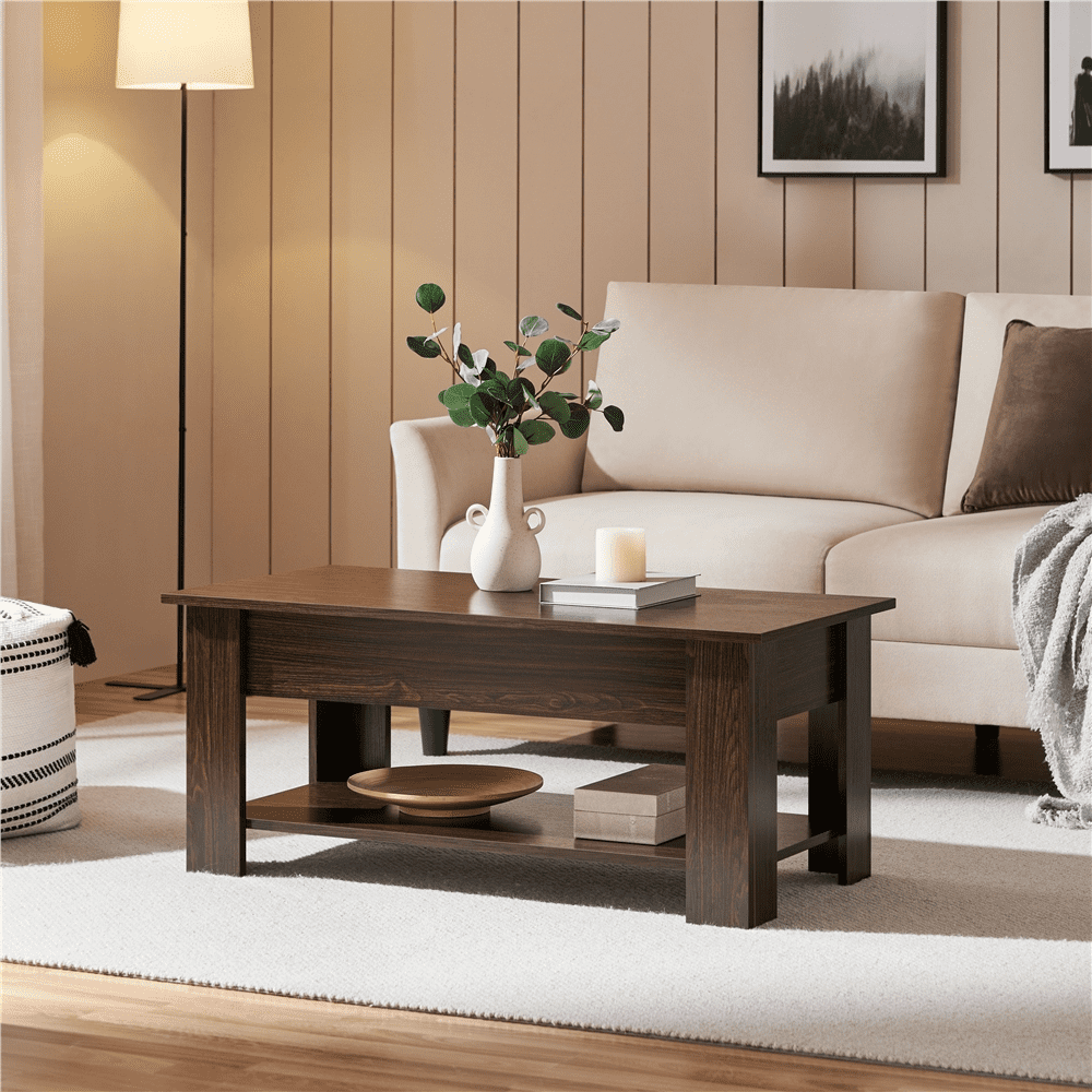 Yaheetech 39In Lift Top Coffee Table with Hidden Storage Compartment & Open Shelf, Wood Lift Up Coffee Table for Living Room, Espresso