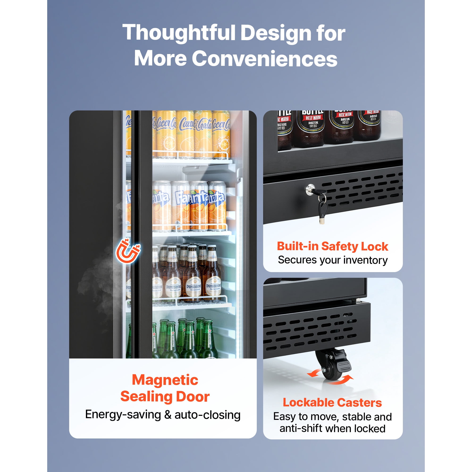 KFFKFF Commercial Glass Door Refrigerator, 8.3 Cu.Ft / 235 L Upright Beverage Cooler with Adjustable Shelves, LED Lighting & Casters for Homes, Shops, and Bars