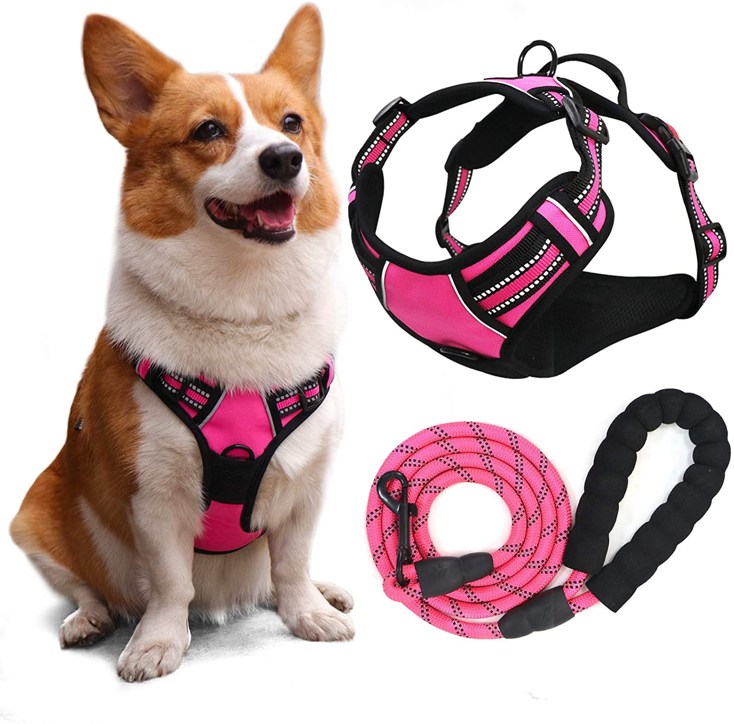 Dog Leash Heavy Duty Collar Set Harness Large Black No Pull Reflective Nylon