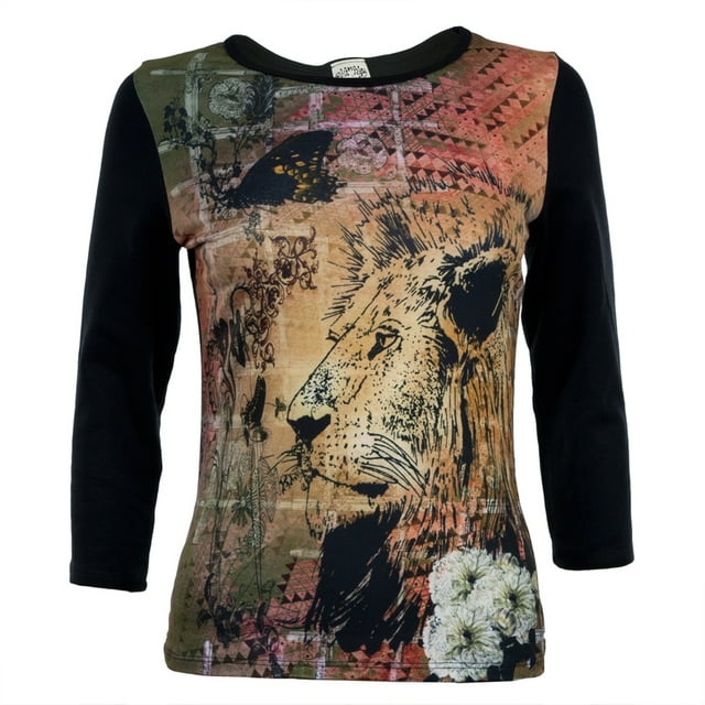 T-Shirt Graphique Lion Manches 3/4 pour Femmes