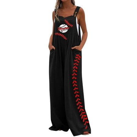 

Cuoff Women Casual Baseball Wide Leg Overalls PockeLong PlaysuiStrap Summer Loose Comfy Baggy Button Jumpsuit