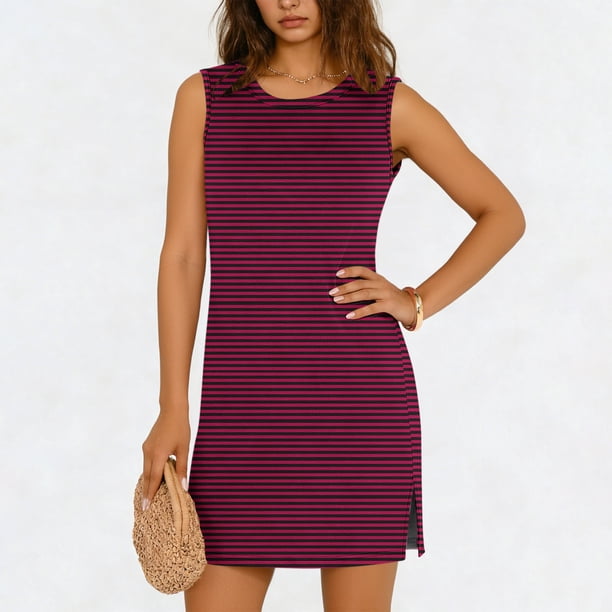 TaTaai Sleeveless Side Slit Dress Women's Solid Color Round Neck Slip Dress Casual Pullover Lightweight Stretchy Polyester Blend Gift
