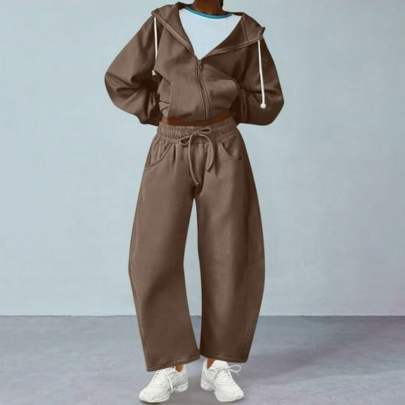 Xdegoge 2 Piece Sweat Suits for Women Plus Size 2025 Solid Color Sweat Outfits Set Fleece Zip Up Hoodie Matching Drawstring Joggers Sweatpants Tracksuit Sets with Pockets Pantalones De Mujer XXL