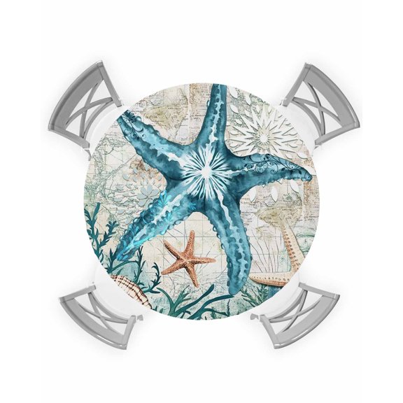 nqOlkjepod Teal Coastal Starfish Round Tablecloth, Fitted Table Cover with Elastic for 45"-54" Round Tables, Vintage Summer Beach Nautical Coral Table Cloth Dinning Party Waterproof Tablecloths