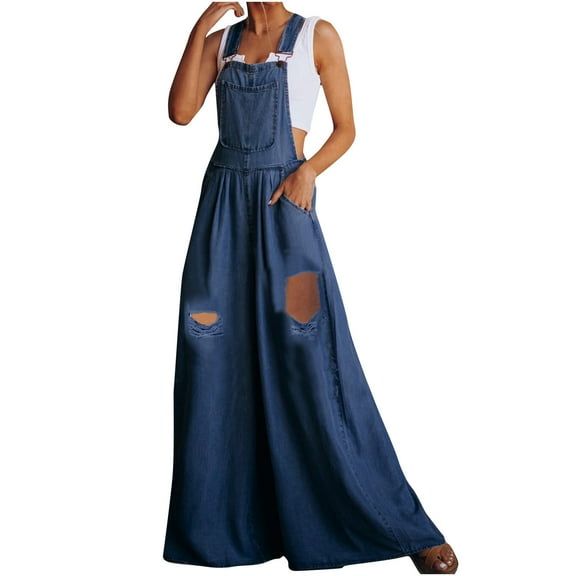 Distressed Wide Leg Denim Overalls for Women Solid Adjustable Strappy One Piece Jeans with Front Pockets Casual Baggy Cozy Jumpsuit