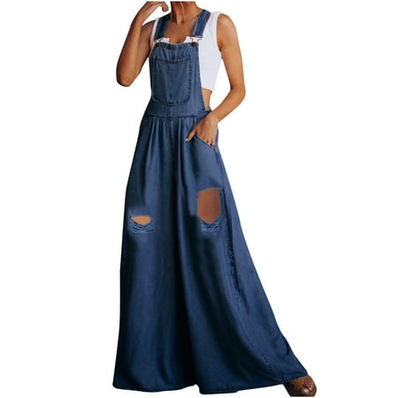 Womens Jumpsuit Clearance Solid Coverall Bodysuit Jeans Onepiece Leotard Black Leather Pants Sleeveless Jumpsuits for Women Blue Xxl