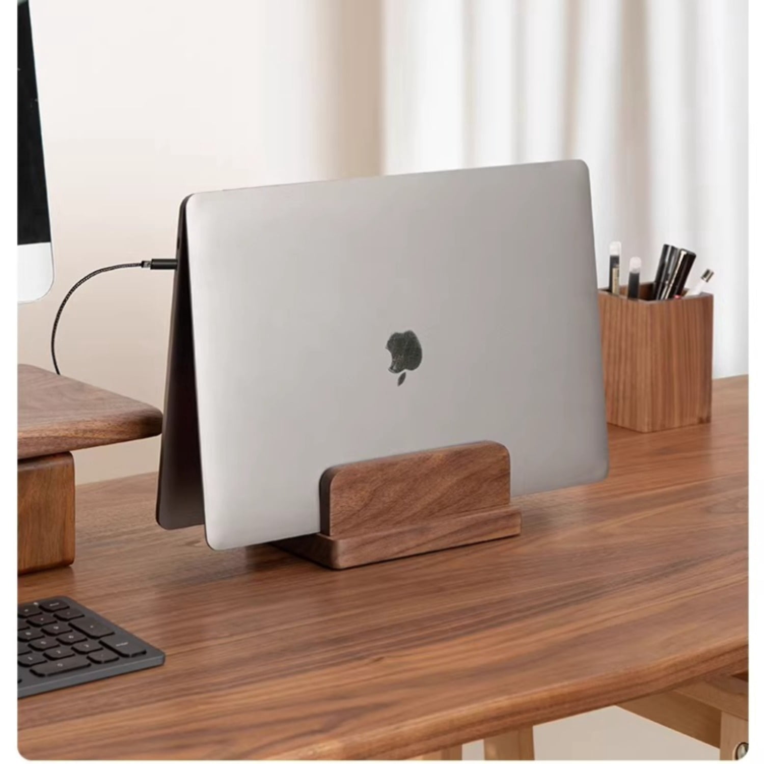 Adjustable Wooden Vertical Laptop Stand, Solid Wood Desktop Holder for Notebook/iPad/Tablet, Space-Saving Computer Stand with Heat Dissipation