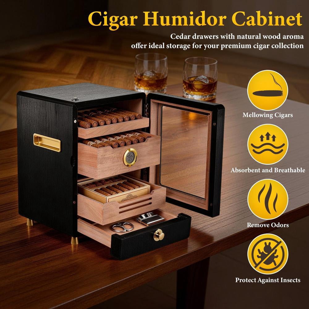 Cigars Humidor Cabinet, Cigars Cabinet Humidor with Spanish Cedars Wood Drawer, Precision Hygrometer, 3 Humidifiers and Cigars Accessories Drawer, Christmas for Cigars Lovers