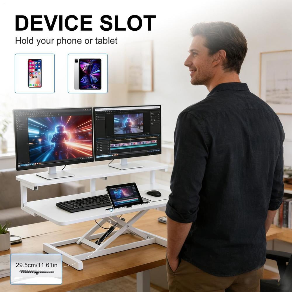 Height Adjustable 37 inch Stand Up Desk Converter, Quick Sit to Stand Tabletop Duals Monitor Riser Workstation, Black