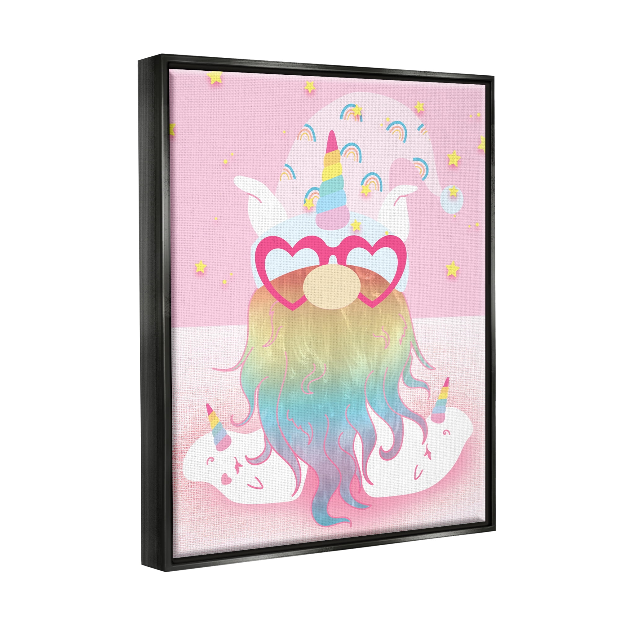 Stupell Fun Unicorn Gnome Pink Rainbow Fairy Tales & Fantasy Painting Black Floater Framed Art Print Wall Art