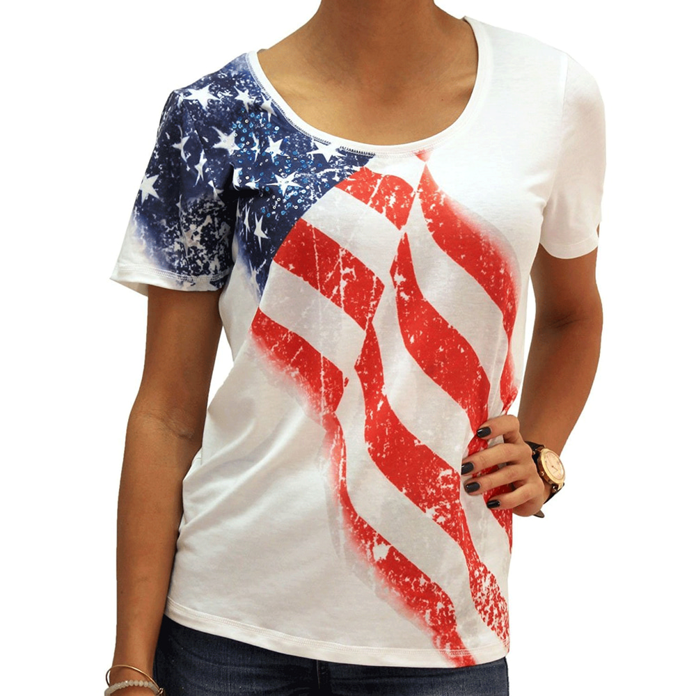 The Flag Shirt - Ladies White American Flag Short Sleeve Scoop Neck T ...