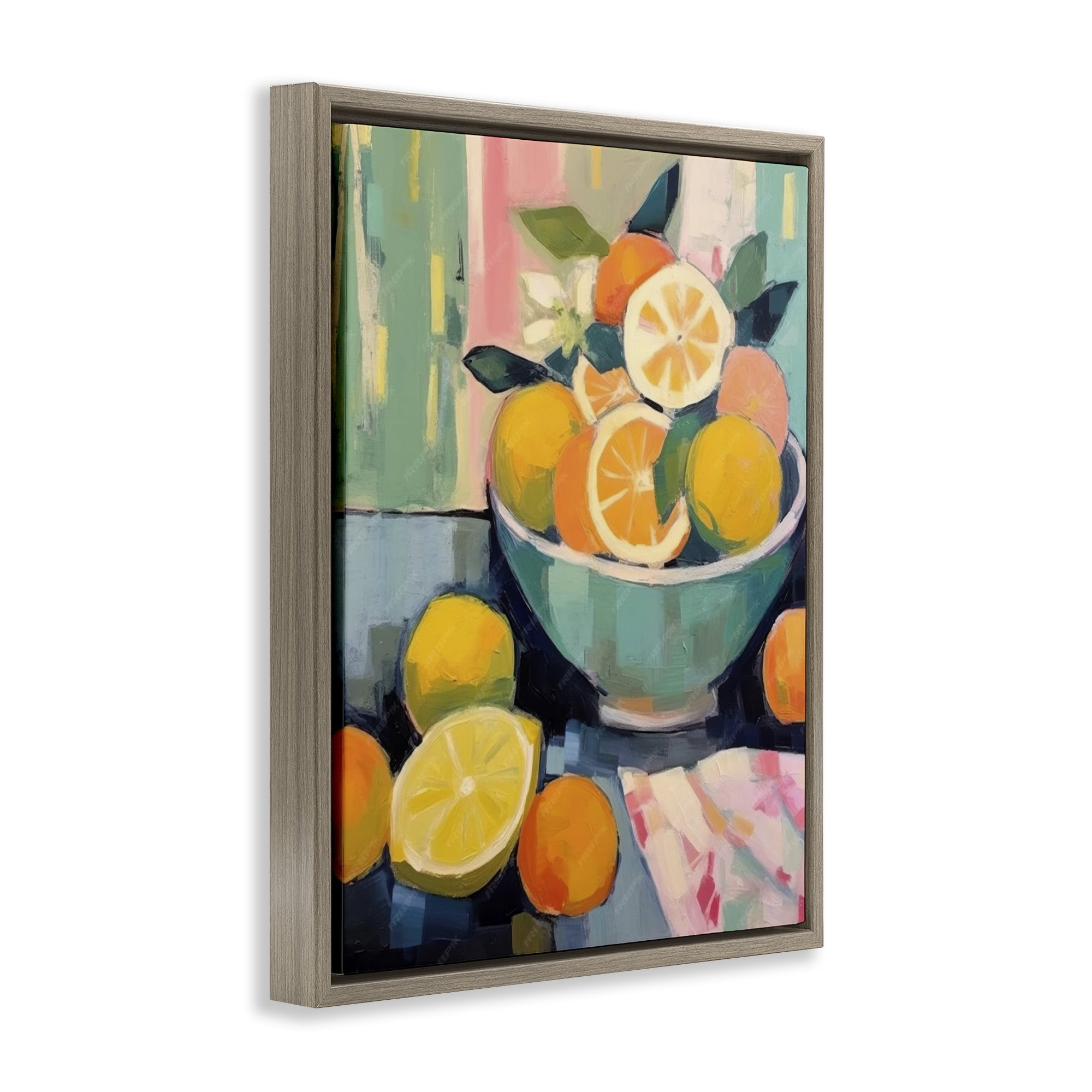 Stupell Industries Orange & Lemon Bowl Food & Beverage Painting Brown Floater Framed Canvas Art Print Wall Art, 25 x 31