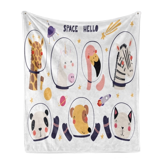 Animals Soft Flannel Fleece Throw Blanket, Print of Funny Animal Astronauts with Space Hello Words, Cozy Plush for Indoor and Outdoor Use, 60" x 80", Dark Purple Grey Mustard, by Ambesonne