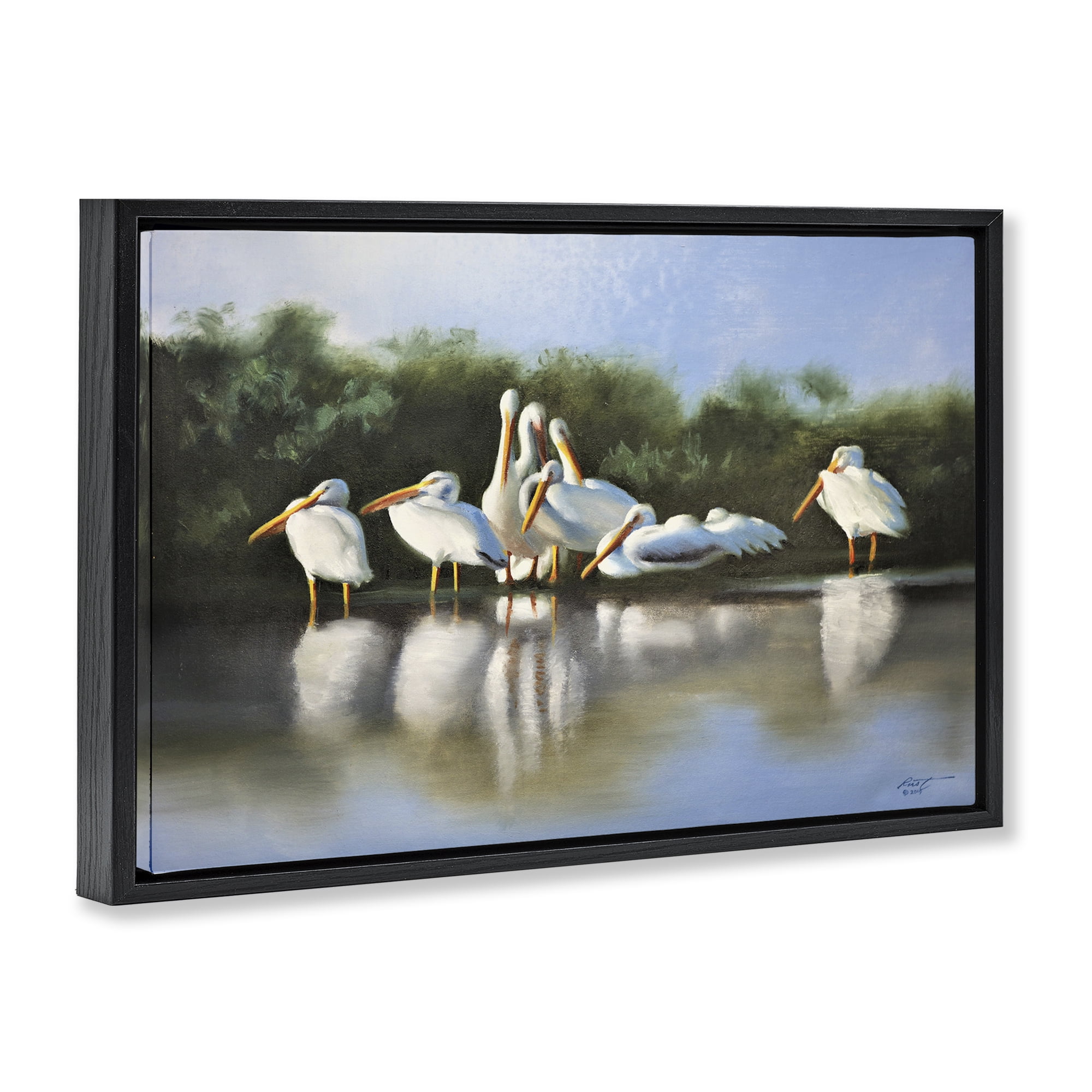 Stupell Industries White Pelicans Flock Animals & Insects Painting Black Floater Framed Canvas Art Print Wall Art, 31 x 21
