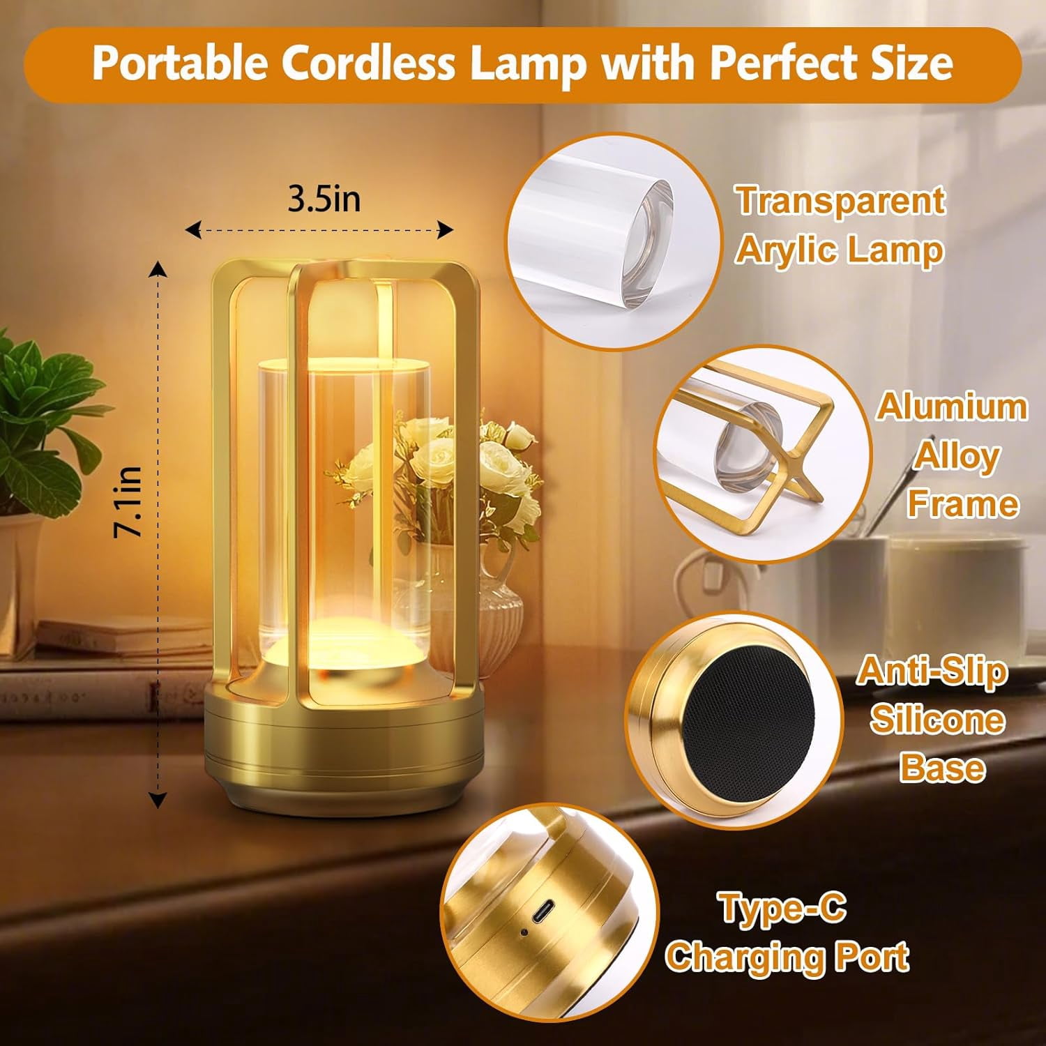 Portable Metal Table Lamp, 2000 mAh Rechargeable Outdoor Table Lamp Cordless, 3 Color Stepless Dimmable Atmosphere Table Lamps for Patio, Camping, Coffee table decor lamp for Indoor/Outdoor