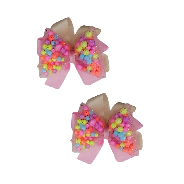 2 Moños para pelo beige con rosa y bolitas de colores