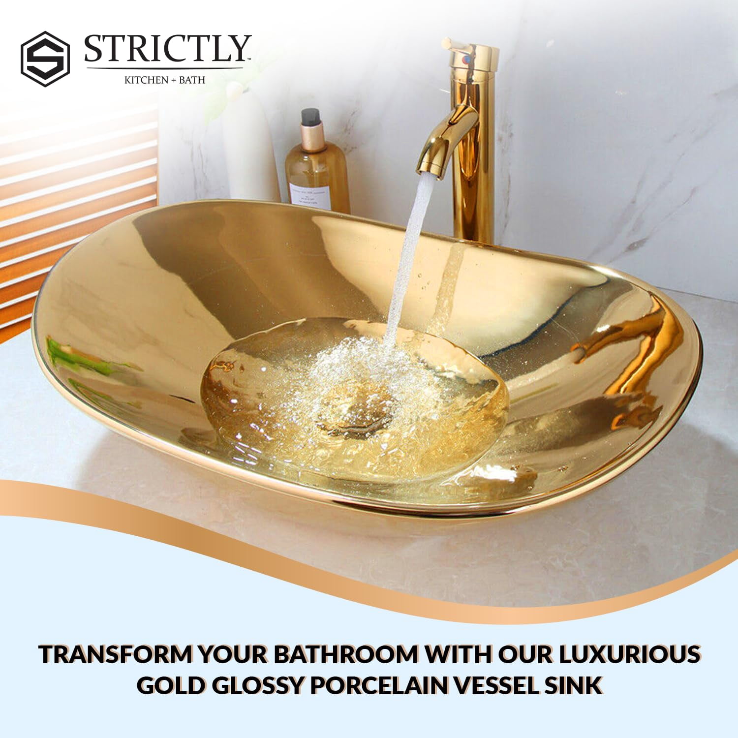 Strictly Sinks 19 Inch Gold Vessel Sink – Gold Glossy Ceramic Countertop Bathroom Sink