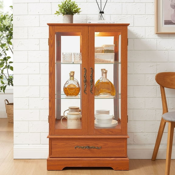 S-HOME Elegant Lighted Glass Curio Cabinet in Dark Oak with Adjustable Shelves and Built-in Drawer Perfect for Display