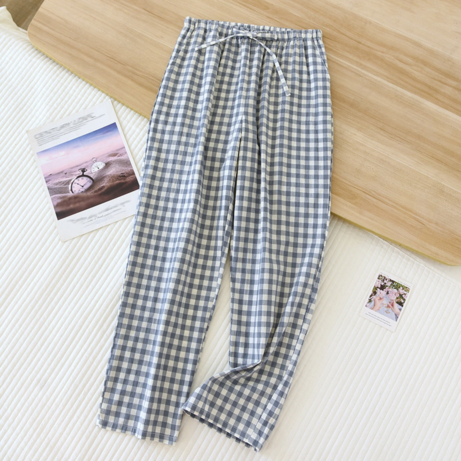 Jjayotai Gingham Pants Womens Cotton Wide Leg Y2k Plaid Pajamas Pant Elastic High Waist Checkered Lounge PJs Bottoms Going Out Trousers Blue L