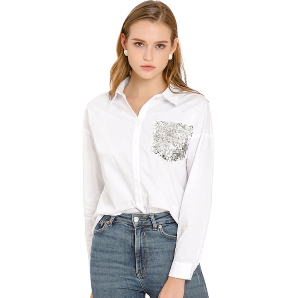 Allegra K Blusa Bolsillo De Lentejuelas Manga Larga Botones Arriba Camisa Trabajo Casual Para Mujer Blanco S Allegra K Camisa