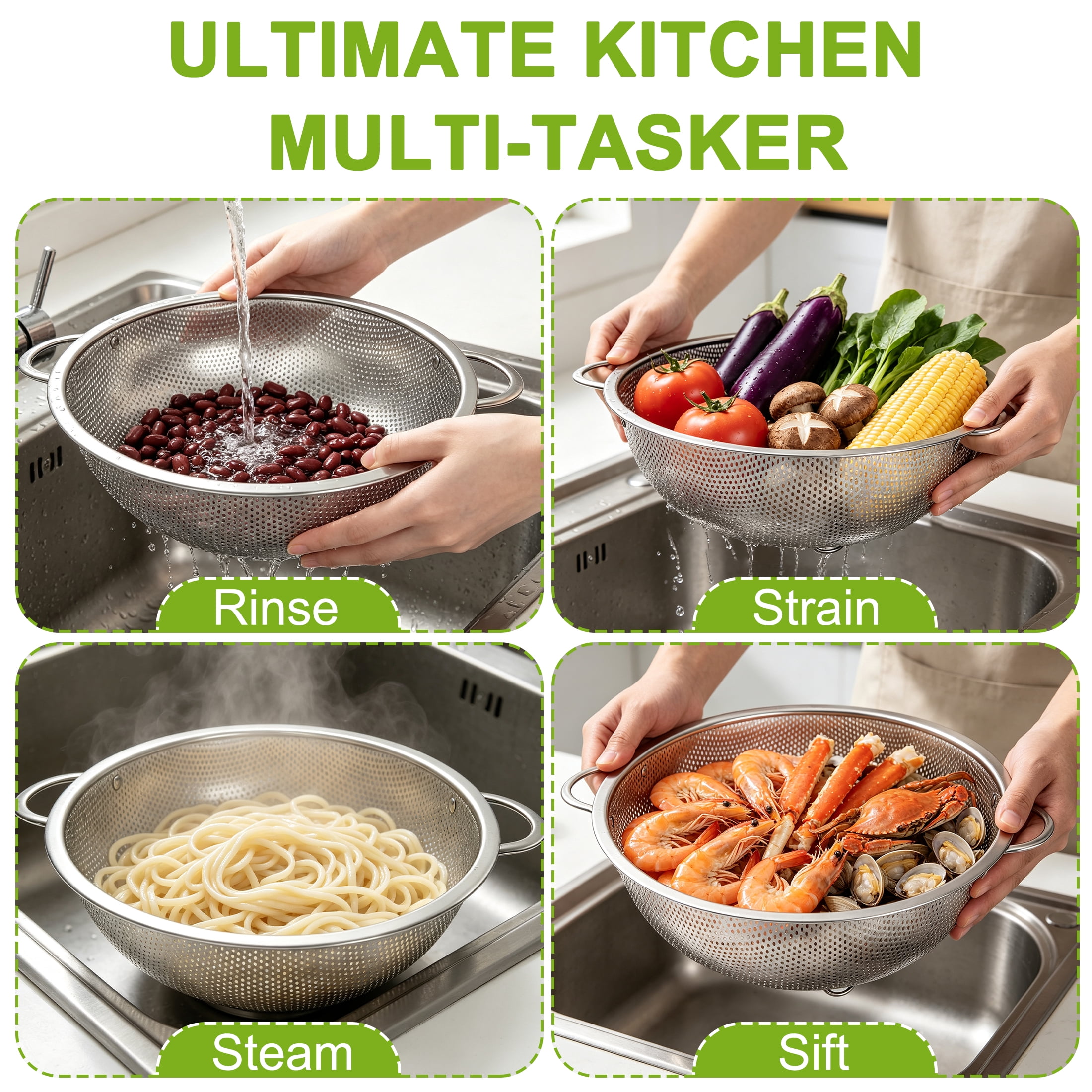 GARITIN Colander Set 3 Pack, Stainless Steel Strainer Bowl, Micro Perforated Strainer Bowl, Kitchen Food Drainer for Pasta Fruit Vegetable Draining