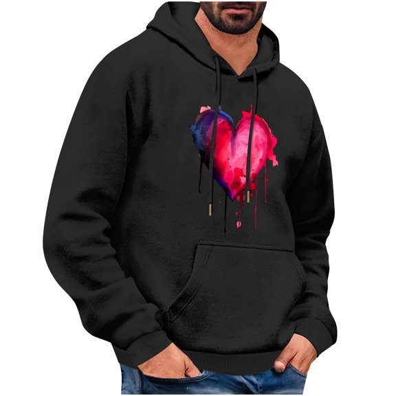 Goodeals Clearance Sales,Color Block Heart Graphic Hoodies for Men Fleece Pullover Hoodie Loose Fit Soft Hooded Sweatshirt Trendy Valentines Day Hooded(Black,S)