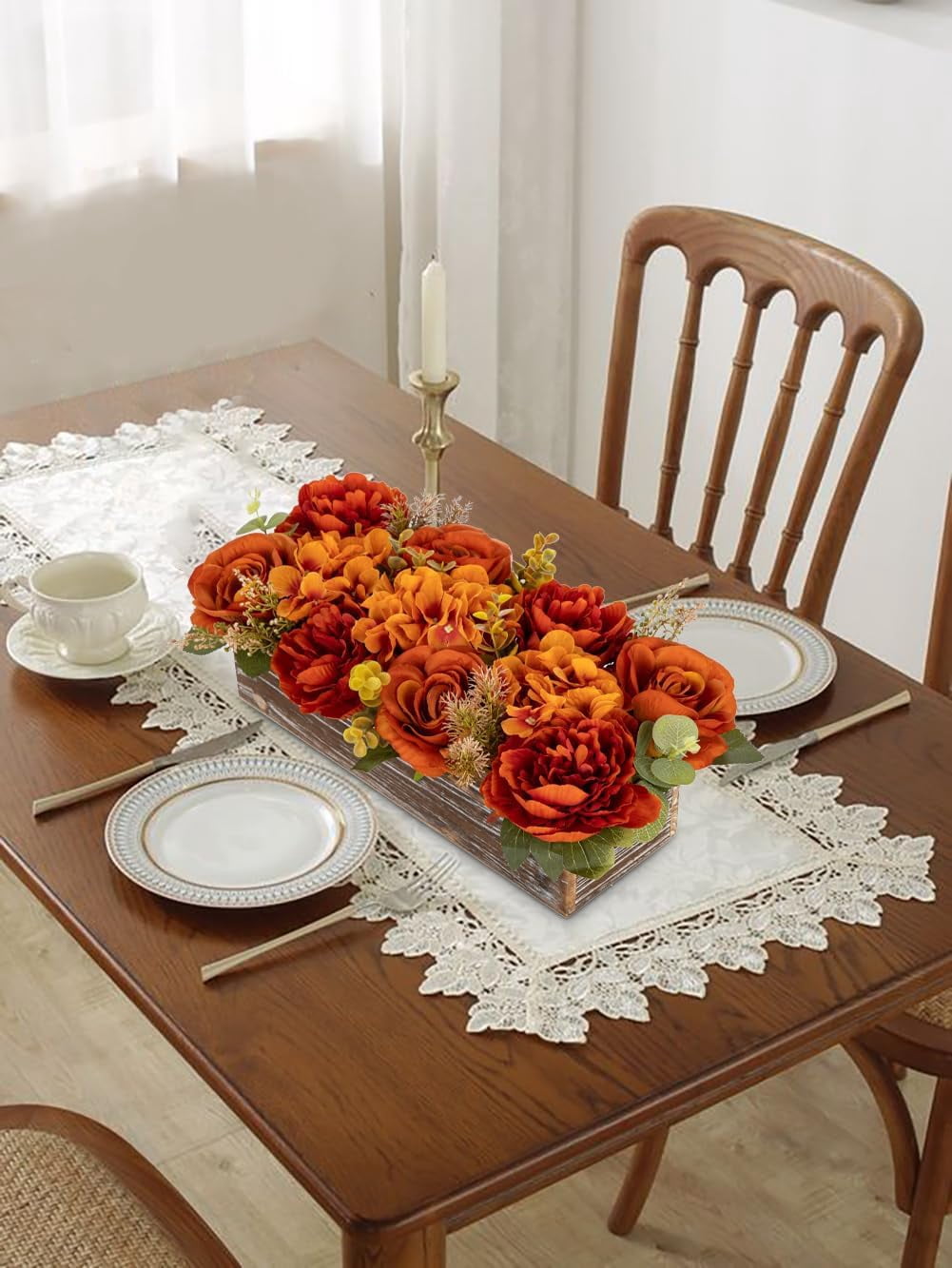 Flower Arrangement with Wooden Vase 14" Artificial Flowers in Pot - Fake Flowers Roses Peonies Hydrangeas in Wooden Vase Potted Flower Centerpieces for Table Decor Living Room - Dried Orange