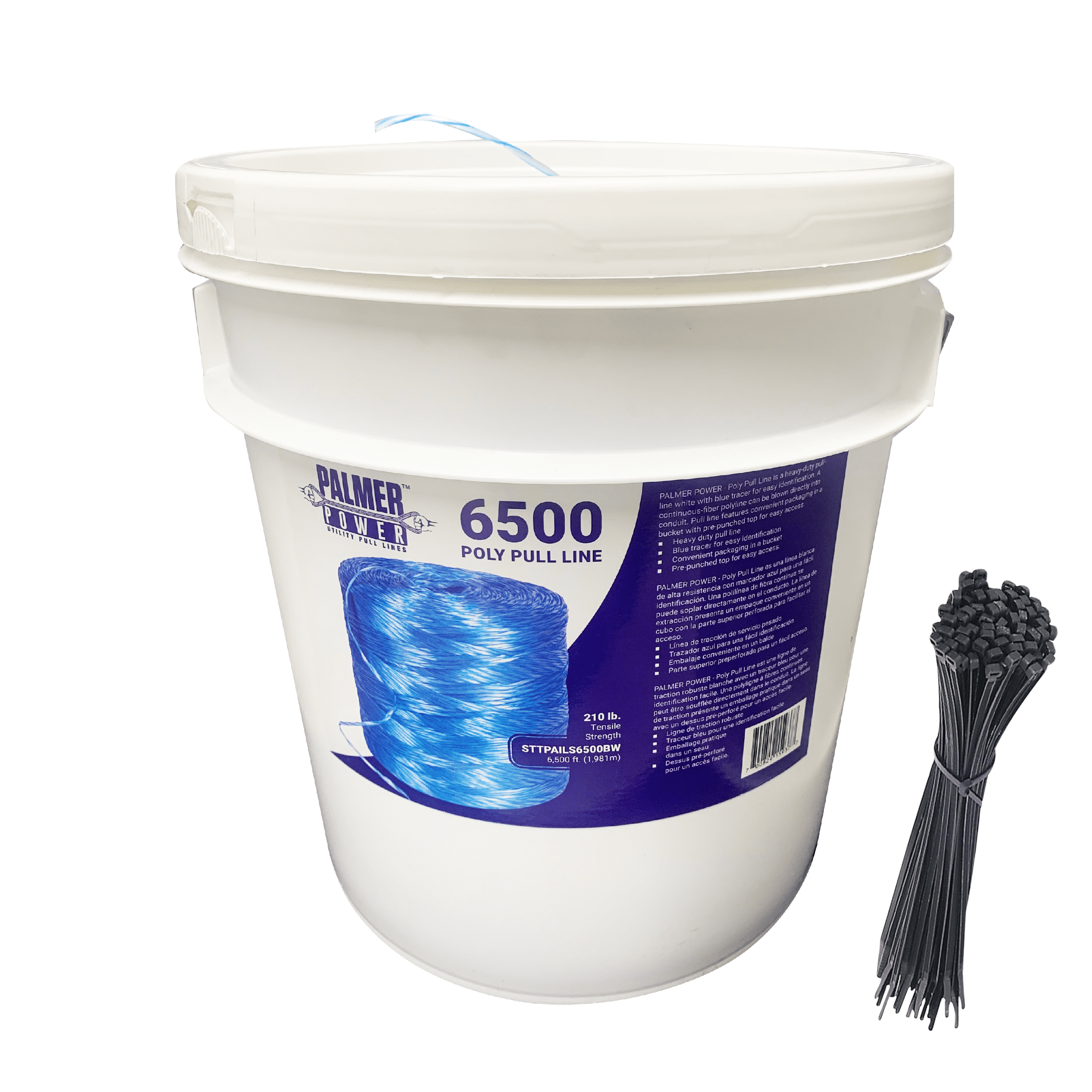 ATERET PL6501 Poly Pull Line Bundle - 210 lbs Tensile Strength,  Polypropylene Twine Line - 6,500 Ft in Bucket & Reusable Lid w/ 1,000 Black  Zip Cable Tie 