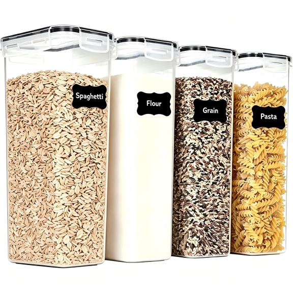 4 Packs Airtight Food Storage Containers with Lids (2.8lx4)，Pasta Containers for Pantry Organization and Storage, BPA Free Kitchen Canisters for Spaghetti, Flour,  Noodles Come with free labels And