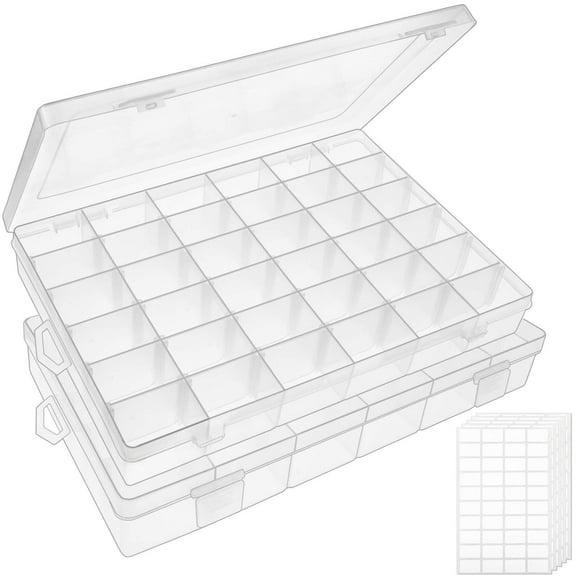36 Grids Clear Plastic Bead Organizer Box, Fishing Tackle Box Compartment Organizer with Adjustable Dividers for Jewelry, Art Craft, Bead Storage Containers with 5 Sheets Label Stickers