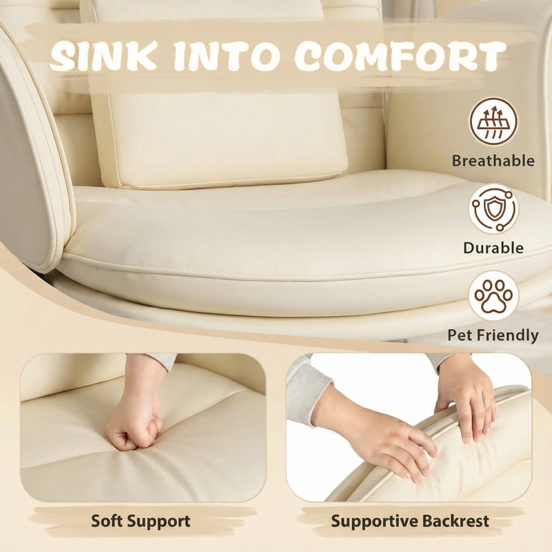Homall Cross Legged Chair with Armrests and Wheels, PU Leather Vanity Chair, Adjustable Swivel Computer Office Chairs for Home Office, Make Up, Beige