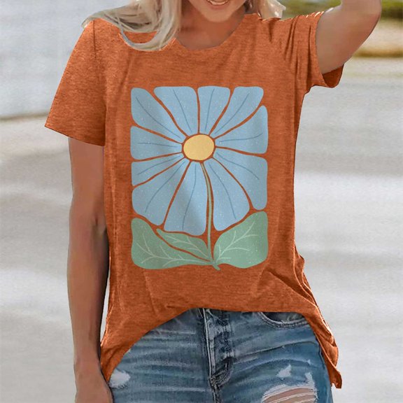 Graphic Tees for Women's T Shirt for Everyday Wear with Floral Print Short Sleeve by Cute Fashion and Modern Style Orange 3XL