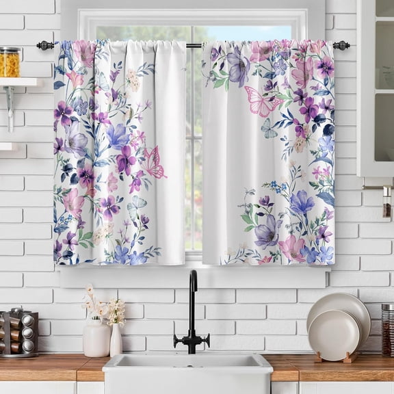 Purple Flower Floral Kitchen Curtains - Small Short Cafe Natural Curtains Decor for Dining Room Country Tier Curtains Rustic Rod Pocket Window Drapes 36 Inch Length 2 Panels Set