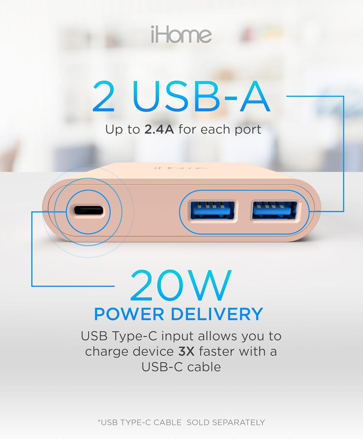 iHome 32W AC Pro Wall Charger, 3-Port (1 USB-C, 2 USB-A), Fast Charging, Universal Compatibility