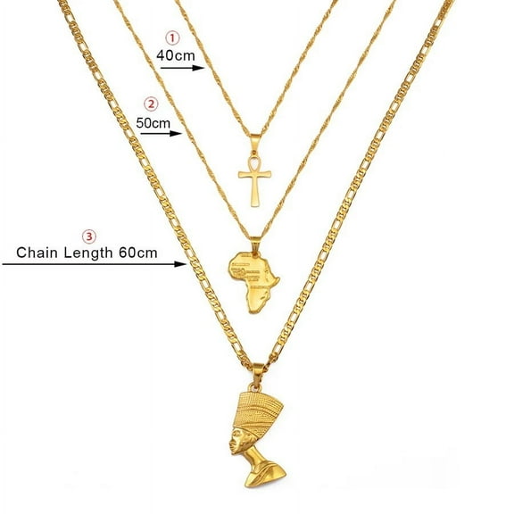 Lovelords 3pcs Africa Map Cross Nefertiti Pendant Necklace Set For Women Men 14k Yellow Gold Set Necklace Egyptian Jewelry