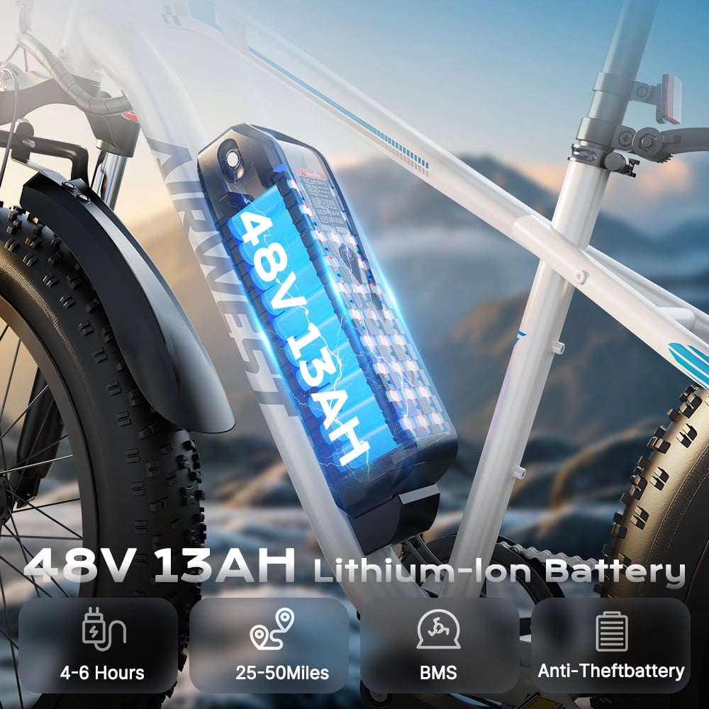 AIRWEST 26" Fat Tire Electric Mountain Bike for Adults, 750W Peak Motor, 48V 13Ah Removable Battery, 7-Speed, All-Terrain E-Bike for Snow, Sand & Trails, Up to 25MPH，UL2849