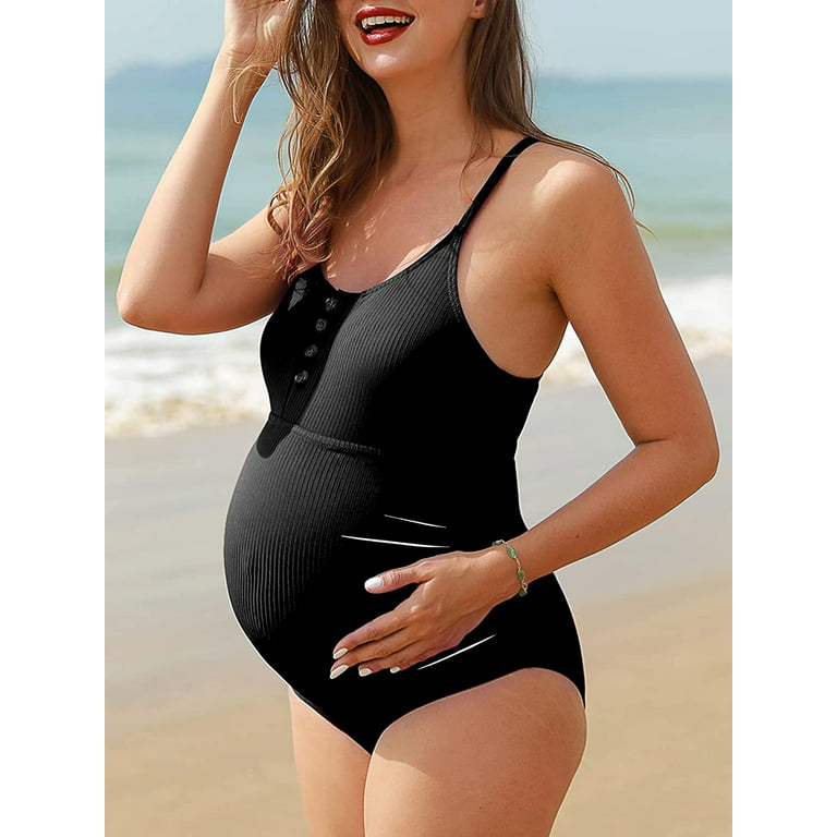 Summer Mae Maternity Swimsuit One Piece Bathing Suit Button Neck