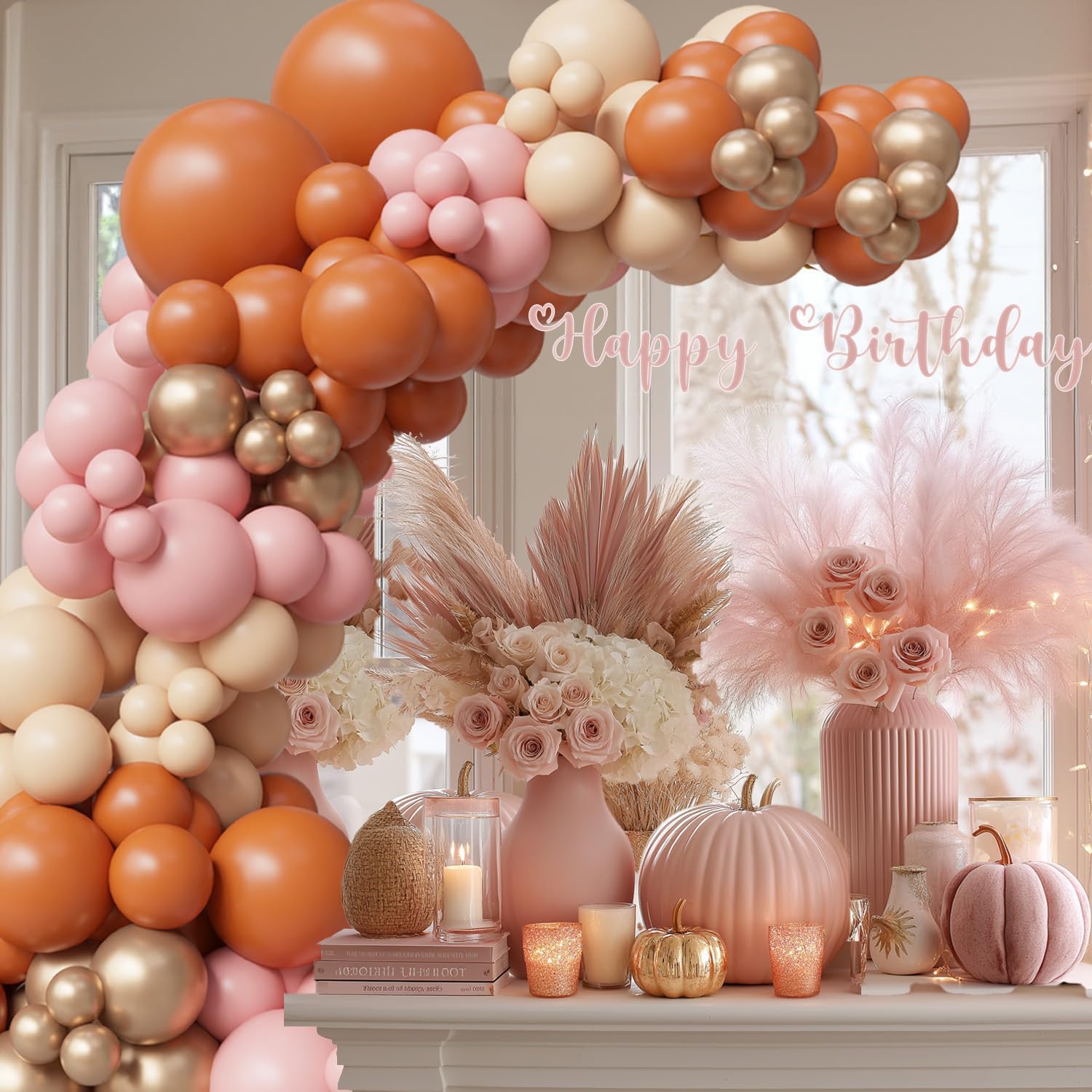 145PCS Fall Pink Balloon Arch Kit – Boho Baby Shower Decorations for Girl, Burnt Orange Nude Pink Balloons, Pumpkin Themed Fall Balloon Garland, Dusty Pink Balloons for Autumn Party