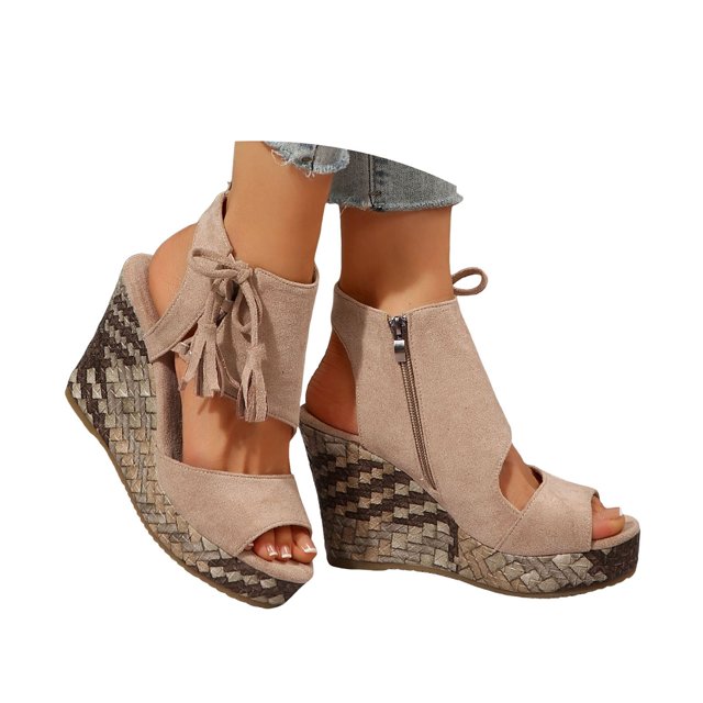 IUJSOY Womens Wedge Sandals Open Toe Lace up Side Zipper Platform Sandals Hollow Out High Heels