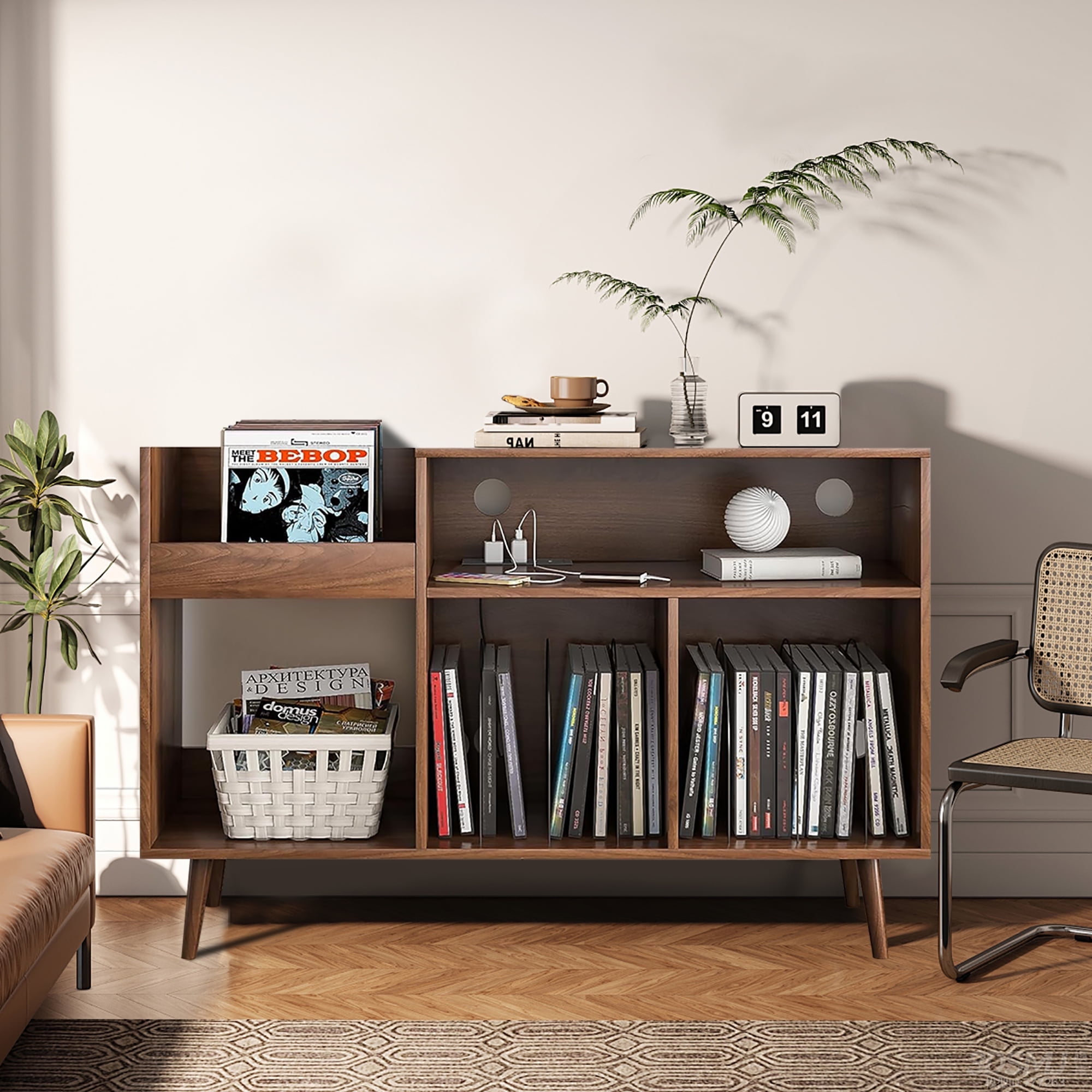 Furtivusia Record Player Stand, Mid-Century Vinyl Record Storage Cabinet, with Charging Station & USB Port, Turntable Stand with Storage for Bedroom, Study, Walnut