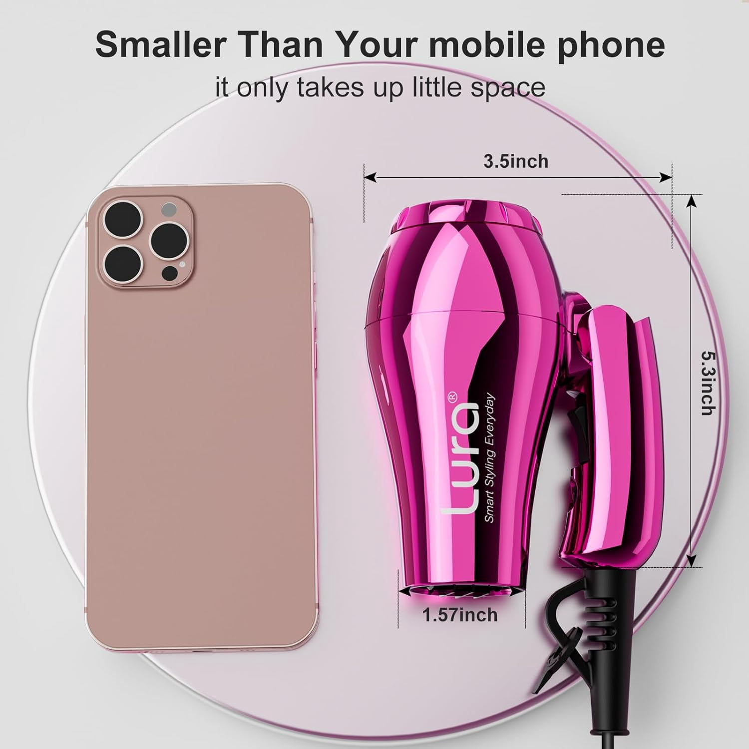LURA Portable Travel Hair Dryer Dual Voltage Small Lightweight Foldable Blow Dryer with EU Plug,1200W Compact Hairdryer with Concentrator&Diffuser