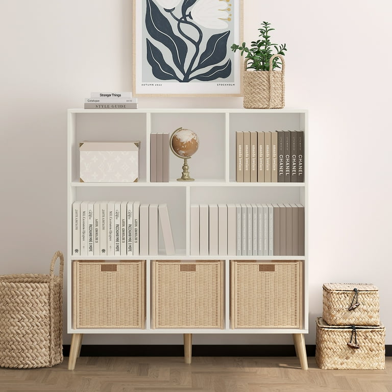 NEWADARA Wooden 8 Cube Book Shelf with Legs,3 Tier Freestanding