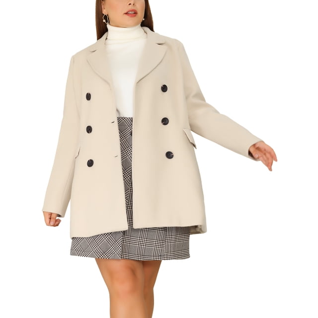 Women's Plus Size Notched Lapel Double Breasted Long Coat for Stylish Winter Wear 1X Beige