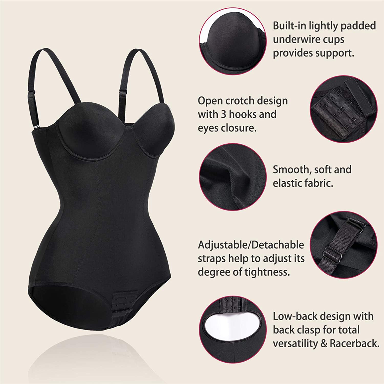 Gotoly Bodysuit Shapewear for Women Tummy Control Dress Backless Bodysuit  Tops Body Shaper with Built-in Bra(Black Large) 